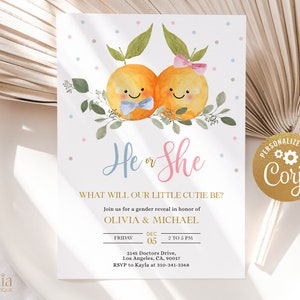 Little Cutie Gender Reveal Invitation, EDITABLE Clementine Party Invite Template, Tropical Orange Baby Shower, He Or She, Boy Or Girl, GR030