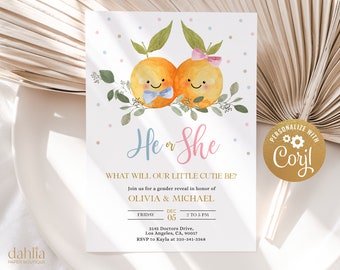 Little Cutie Gender Reveal Invitation, EDITABLE Clementine Party Invite Template, Tropical Orange Baby Shower, He Or She, Boy Or Girl, GR030