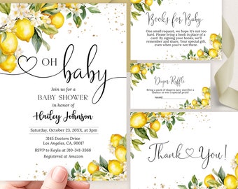 May include: A lemon-themed baby shower invitation with a gold glitter background. The invitation includes the text "OH baby", "Join us for a Baby Shower in honour of Hailey Johnson", "Saturday, October 23, 20XX, at 3pm", "3145 Doctors Drive, Los Angeles, CA, 90017", "RSVP to Kayla at 310-341-3368", and "Registered at Amazon".