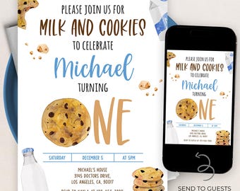 May include: A blue and brown invitation for a first birthday party. The invitation features a large cookie, milk bottle, and the text "Please join us for milk and cookies to celebrate Michael turning one".