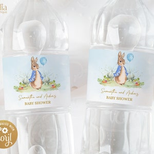 EDITABLE Peter Rabbit Baby Shower Water Bottle Sticker Label, Rustic Bunny Watercolor, Blue Balloon Spring Brunch, Download istantaneo BS133