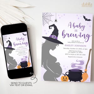 Baby is Brewing Baby Shower Invitation, Editable Halloween Gender Reveal Invitation Template, He Or She, Purple Witch Baby Sprinkle, BS269