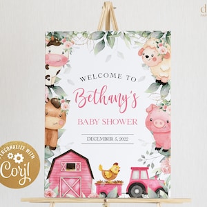 Sinal de boas-vindas para chá de bebê de fazenda EDITÁVEL, festa de bebê com animais de celeiro, chá de bebê para meninas de rancho, animais florais rosa, download instantâneo BS114