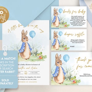 May include: A baby shower invitation with a watercolor illustration of Peter Rabbit holding a blue balloon. The invitation is for a baby shower in honor of Samantha and Aiden. The text on the invitation reads "A little bun is on the way".
