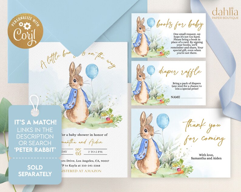 May include: A baby shower invitation with a watercolor illustration of Peter Rabbit holding a blue balloon. The invitation is for a baby shower in honor of Samantha and Aiden. The text on the invitation reads "A little bun is on the way".