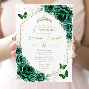 May include: A Quinceañera invitation with a gold geometric frame and green floral accents. The text reads "MR. & MRS. LÓPEZ INVITE YOU TO CELEBRATE THE QUINCEAÑERA OF THEIR DAUGHTER Lucianna Esmeralda AUGUST 25 2 TO 5 PM Mass at 10 o'clock St. Joseph Catholic Church, 3145 Doctors Drive Reception at 12 o'clock Palm Breeze Hotel Restaurant, 3145 Doctors Drive Rsvp to Kayla at 310-341-3368 by November 5"