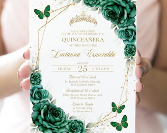 May include: A Quinceañera invitation with a gold geometric frame and green floral accents. The text reads "MR. & MRS. LÓPEZ INVITE YOU TO CELEBRATE THE QUINCEAÑERA OF THEIR DAUGHTER Lucianna Esmeralda AUGUST 25 2 TO 5 PM Mass at 10 o'clock St. Joseph Catholic Church, 3145 Doctors Drive Reception at 12 o'clock Palm Breeze Hotel Restaurant, 3145 Doctors Drive Rsvp to Kayla at 310-341-3368 by November 5"