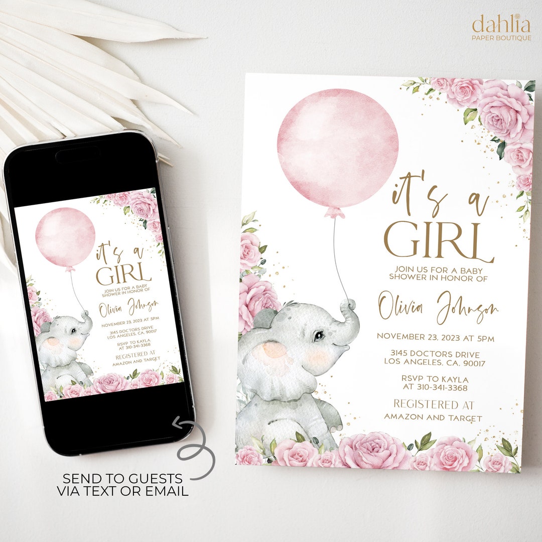 Pink Elephant Balloon Baby Shower Invitation, EDITABLE Sweet Little ...