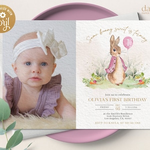 Peter Rabbit erste Geburtstagseinladung mit Foto, bearbeitbare rustikale Hase Vorlage, druckbare 1. Geburtstag Mädchen Party, jedes Alter, sofortiger Download
