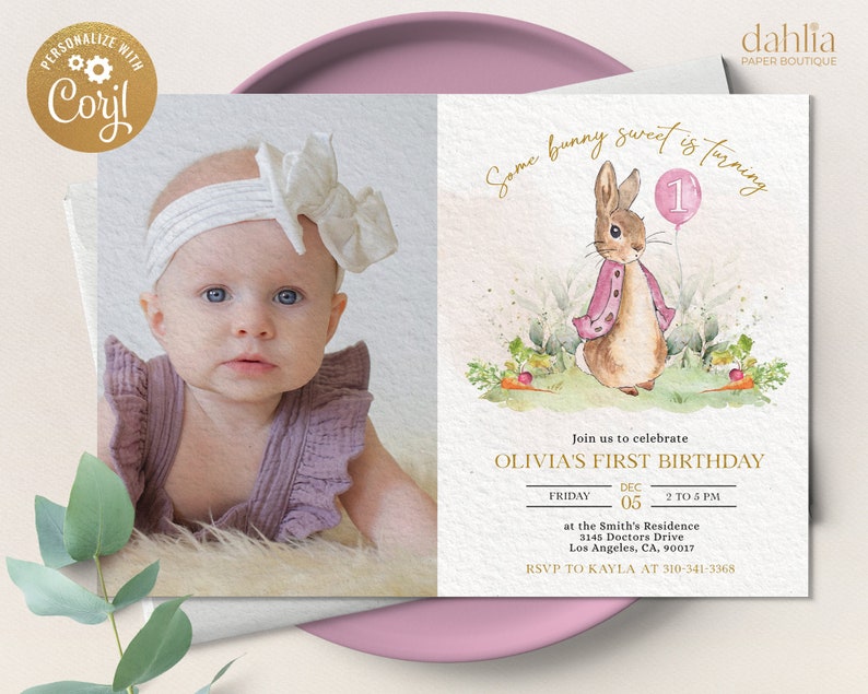 Peter Rabbit First Birthday Invite with Photo, Editable Rustic Bunny Template, Printable 1st Birthday Girl Party, Any Age, Instant Download image 1