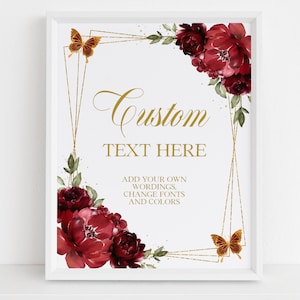 Bourgondische rode en gouden Quinceañera aangepaste teken, bewerkbare Tiara Rose 15e verjaardag meisje poster, DIY afdrukbare mis kweepeer anos tafel teken, Q013