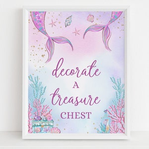 EDITIERBARE Meerjungfrau Geburtstag Dekorieren A Treasure Chest Zeichen, Unter dem Meer, Lila Gold Meerjungfrau Banner, druckbare Zeichen, Sofortiger Download KP030