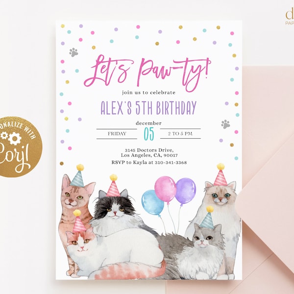 Kitty Cat Birthday Invitation, EDITABLE Purrfect Party Invite Template, Let's Paw-ty, Kitten Party, Pink Girl, Pet, Instant Download, KP133