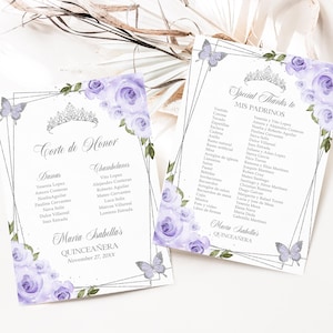 Liste des Mis Padrinos Quinceañera lilas violet et argent, modèle MODIFIABLE Tiara Rose 15e anniversaire, Mis Quince Anos, téléchargement immédiat, Q016