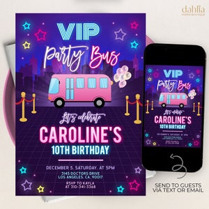 Uitnodiging VIP-feestbus, BEWERKBARE roze limousinefeestuitnodiging, rockster verjaardag, neonlicht gloed sjabloon, gepersonaliseerd elke leeftijdskaart, KP204