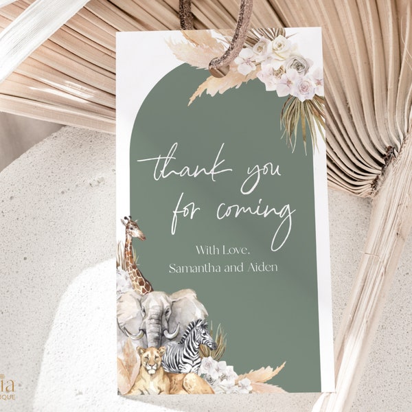 EDITABLE Boho Safari Baby Shower Gift Tag, Jungle Animal Baby Sprinkle Party Favor, Sage Green Thank You Note Card, Instant Download BS118