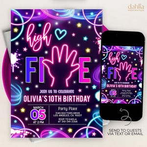 Neon High Five Geburtstagseinladung, bearbeitbare Hi Five-Einladungsvorlage, Glow Girls 5. Geburtstag, druckbare Hi 5-Einladung, sofortiger Download KP469