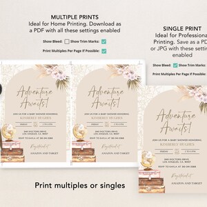 May include: A printable baby shower invitation with a travel theme. The invitation features a globe, suitcases, and a floral design. The text on the invitation reads "Adventure Awaits!" and includes the date, time, and location of the shower. The invitation also includes the name of the guest of honor, Kimberly Hughes, and the registry information.