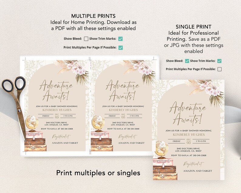 May include: A printable baby shower invitation with a travel theme. The invitation features a globe, suitcases, and a floral design. The text on the invitation reads "Adventure Awaits!" and includes the date, time, and location of the shower. The invitation also includes the name of the guest of honor, Kimberly Hughes, and the registry information.