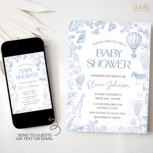 Invitación editable para baby shower con diseño de safari azul en Toile de Jouy, invitación para brunch de bebé con animales de la jungla estilo chinoiserie, descarga de globos aerostáticos, BS549