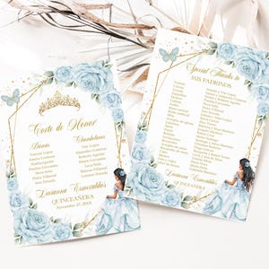 Liste Quinceañera Mis Padrinos bleu bébé et or, carte MODIFIABLE princesse 15e anniversaire Mis coing Anos Corte De Honor, téléchargement immédiat Q101