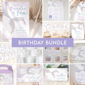 Mermaid Birthday Party Bundle, EDITABLE Under the Sea Party Invite, Magical Birthday Party Decor, Purple Mermaid, Instant Download, KP184