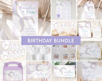 May include: A printable birthday party bundle with a mermaid theme. The bundle includes invitations, banners, cupcake toppers, favor tags, a time capsule, a welcome sign, and more. The colors are purple, blue, and gold.