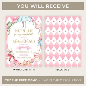 Alice in Wonderland First Birthday Invitation, EDITABLE Whimsical Mad Tea Party Invite Template, Pink Onederland Girl Instant Download KP073 image 3