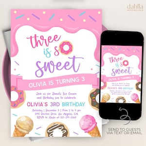 Donut Ice Cream 3rd Birthday Invite, EDITABLE Donut Birthday Invitation Template, Donut Ice Cream, Three is So Sweet, Instant Download KP029