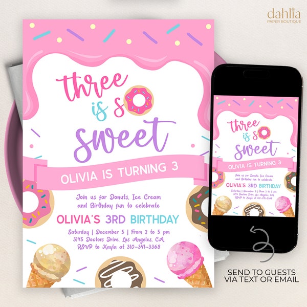 Donut Ice Cream 3rd Birthday Invite, EDITABLE Donut Birthday Invitation Template, Donut Ice Cream, Three is So Sweet, Instant Download KP029