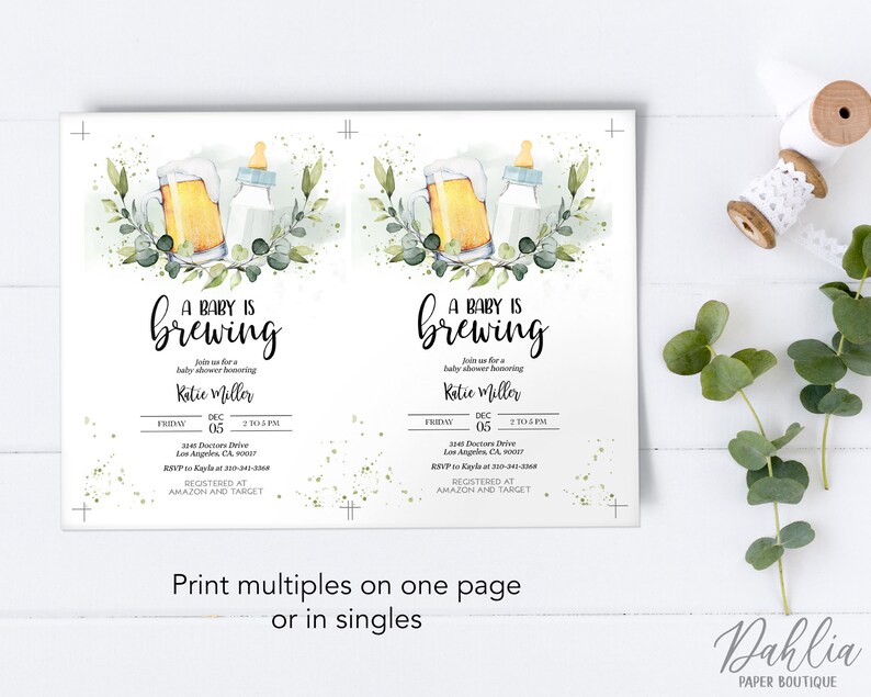 May include: A baby shower invitation with a watercolor illustration of a beer mug and a baby bottle. The text reads "A Baby is Brewing" and includes the date, time, and location of the event. The invitation is decorated with green leaves and gold glitter.