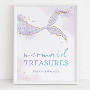 Mermaid Treasures Sign, EDITABLE Under The Sea Birthday Party Decor, Magical Sea Life Kids Banner, Purple Mermaid Girl Printable Sign, KP184