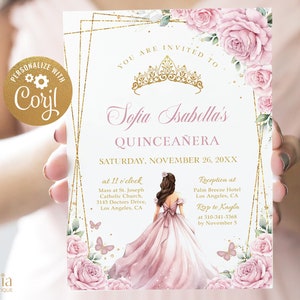Invito per la festa della Quinceañera MODIFICABILE rosa cipria e oro, modello per festa a farfalla, Mis Quince Anos floreale, tiara per la festa della sedicesima compleanno, Q091