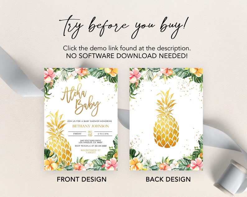 May include: A baby shower invitation with a tropical theme. The front features a pineapple with the text "Aloha Baby" and the back features a pineapple with a floral border. The invitation includes the date, time, and location of the event.