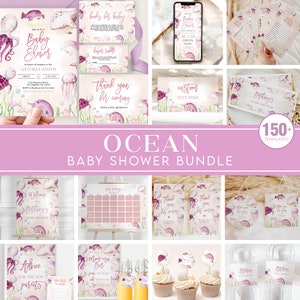 Under the Sea Baby Shower Bundle, EDITABLE Ocean Animals Baby Shower Invite, Nautical Baby Shower Games, Pink Girl, Instant Download, BS139