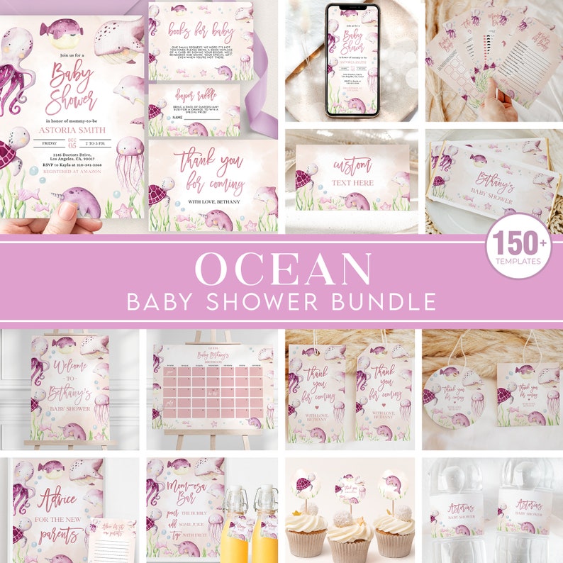 May include: A set of 150+ printable templates for an ocean-themed baby shower. The templates feature watercolor illustrations of sea creatures, including jellyfish, seahorses, and narwhals, in shades of pink, purple, and green. The text "OCEAN BABY SHOWER BUNDLE" is displayed in a pink banner.