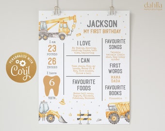Modern Construction Birthday Milestone Poster, EDITABLE Boy Trucks Birthday Sign Template, Baby's 1st Birthday Sign, Instant Download, KP189