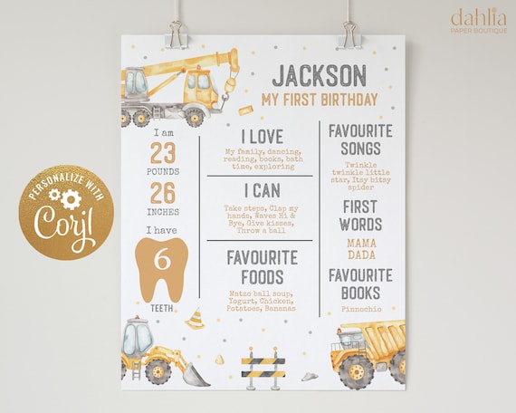 Modern Construction Birthday Milestone Poster, EDITABLE Boy Trucks Birthday Sign Template, Baby's 1st Birthday Sign, Instant Download, KP189