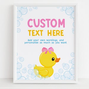 Sinal de texto personalizado de aniversário de patinho de borracha, decoração de festa de pato EDITÁVEL, banner de primeiro aniversário de meninas, pôster de tempo de banho de espuma para impressão, KP094