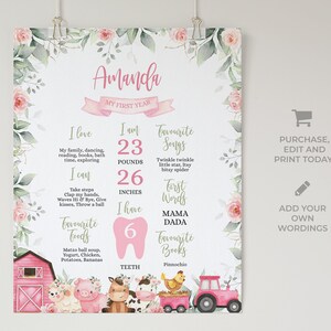 Peut inclure: Une affiche de jalons de premier anniversaire imprimable rose et verte avec un motif floral aquarelle. L'affiche pr&eacute;sente le nom "Amanda" et comprend des d&eacute;tails tels que le poids, la taille, les aliments pr&eacute;f&eacute;r&eacute;s, les chansons et les livres. L'affiche comprend &eacute;galement une illustration mignonne d'une sc&egrave;ne de ferme avec des animaux.