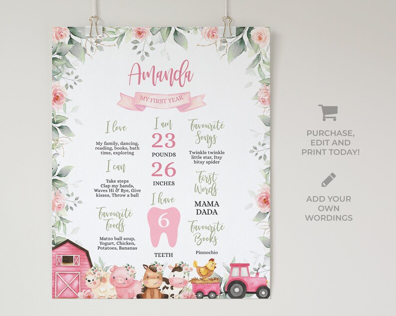 Peut inclure: Une affiche de jalons de premier anniversaire imprimable rose et verte avec un motif floral aquarelle. L'affiche pr&eacute;sente le nom "Amanda" et comprend des d&eacute;tails tels que le poids, la taille, les aliments pr&eacute;f&eacute;r&eacute;s, les chansons et les livres. L'affiche comprend &eacute;galement une illustration mignonne d'une sc&egrave;ne de ferme avec des animaux.