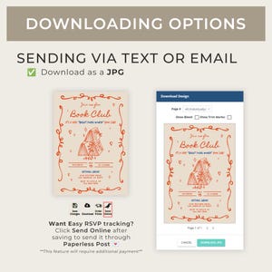 May include: A beige invitation for a book club, featuring red decorative elements and text. The invitation includes the words "Book Club" and details about the event, with options to download as a JPG.