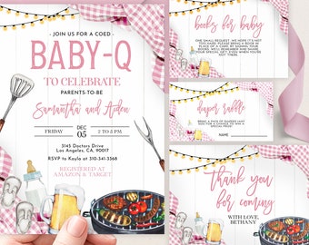 EDITIERBARES Baby-Q Babyparty-Einladungsset, Baby-Streusel für Paare im Hinterhof, DIY-Baby-Grillparty-Paket für Mädchen, digitale Picknick-Einladung in Rosa, BS167