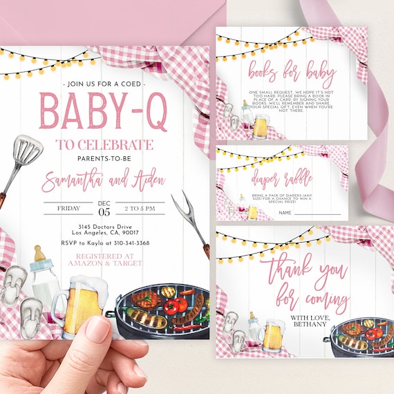 EDITABLE Baby-Q Baby Shower Invitation Set, Backyard Couples Baby Sprinkle, DIY Baby Girl BBQ Party Pack, Pink Picnic Digital Invite, BS167