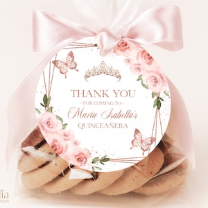 Blush Pink Quinceaña Danke Geschenkanhänger, editierbarer runder Roségold Geschenkanhänger, Mis Quince Anos, 15. Geburtstagsfeier, Sofort Download, Q014