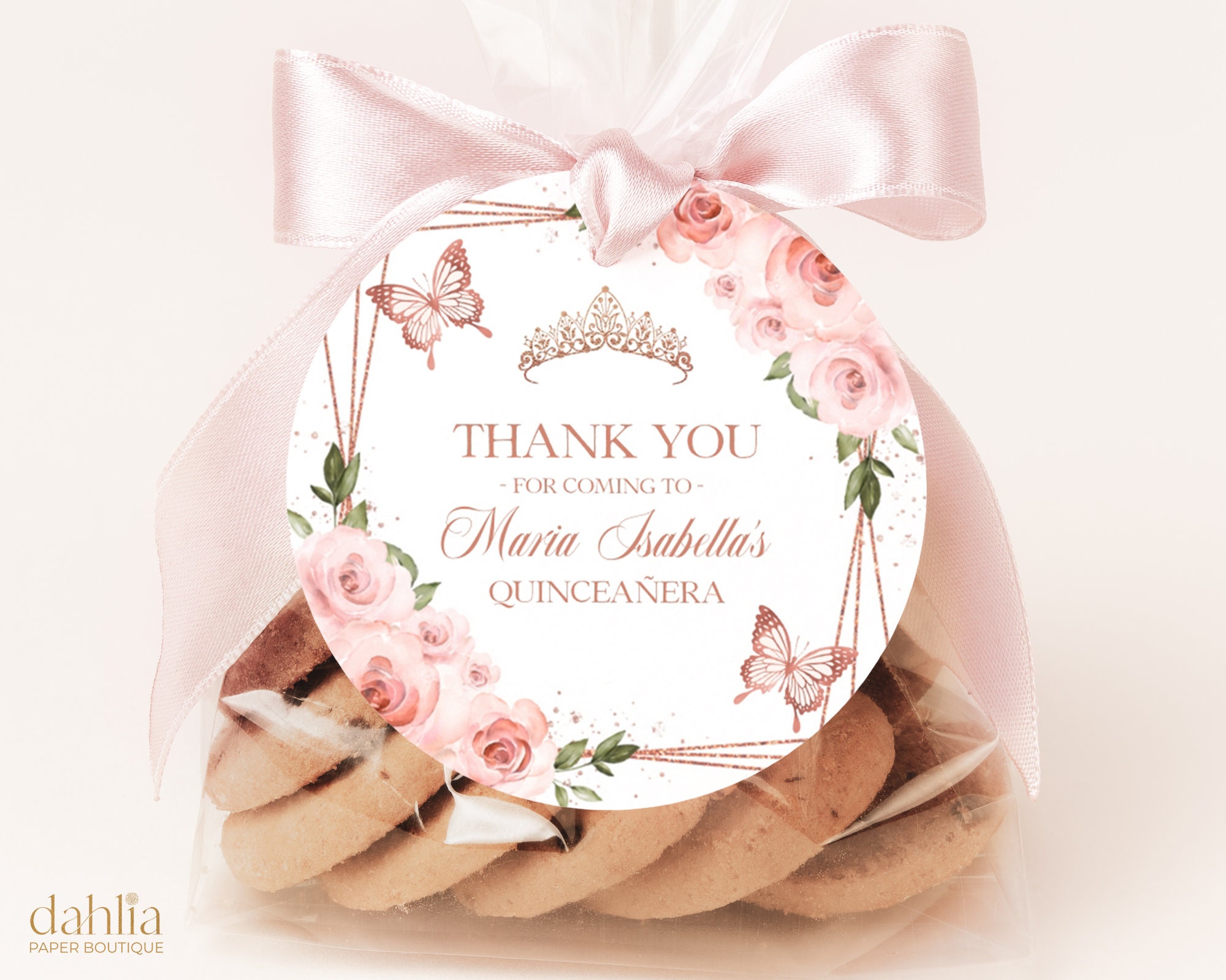Blush Pink Quinceañera Thank You Gift Tag, Editable Rose Gold Round Gift Tag, Mis Quince Anos, 15th Birthday Party, Instant Download, Q014