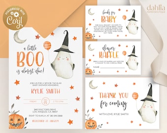 May include: A set of Halloween-themed baby shower invitations and cards. The design features a watercolor ghost wearing a witch hat, holding a balloon. The invitations include text such as "a little BOO is almost due!" and "diaper raffle."
