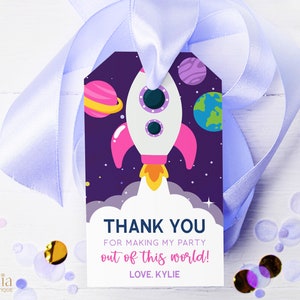 EDITIERBARE Weltraum Geburtstag Danke für das Kommen Geschenkanhänger, Galaxy Party Favor Tag, Astronaut Geburtstagsetikett, Weltraum, Mädchen Geschenkanhänger, KP046