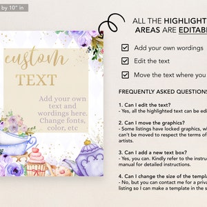 Puede incluir: Un cartel imprimible de 20,32 cm por 25,4 cm con una ilustraci&oacute;n de acuarela de tazas de t&eacute;, cupcakes y una tetera. El cartel dice "texto personalizado" y "A&ntilde;ade tu propio texto y frases aqu&iacute;. Cambia las fuentes, el color, etc." El cartel tambi&eacute;n incluye una lista de verificaci&oacute;n de las funciones editables y preguntas frecuentes.