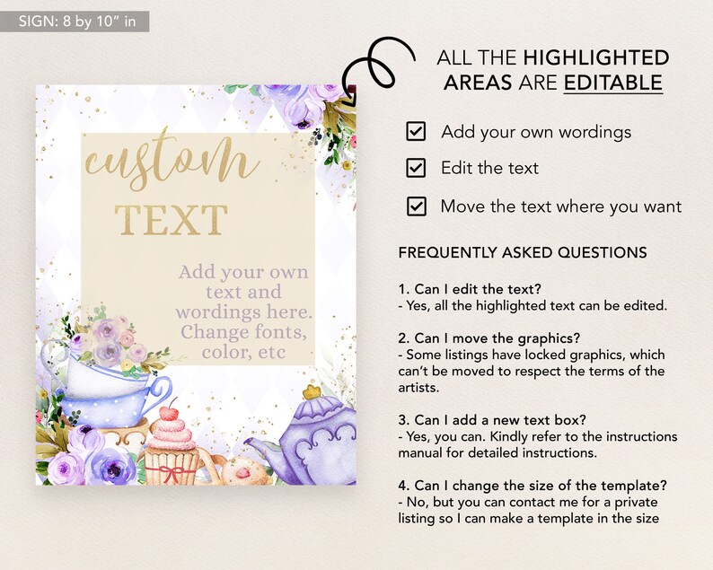 Puede incluir: Un cartel imprimible de 20,32 cm por 25,4 cm con una ilustraci&oacute;n de acuarela de tazas de t&eacute;, cupcakes y una tetera. El cartel dice "texto personalizado" y "A&ntilde;ade tu propio texto y frases aqu&iacute;. Cambia las fuentes, el color, etc." El cartel tambi&eacute;n incluye una lista de verificaci&oacute;n de las funciones editables y preguntas frecuentes.